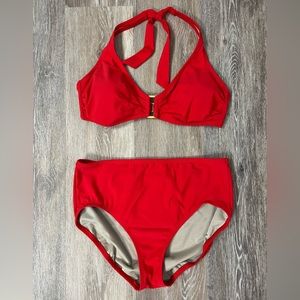 Lands End 2 piece bikini, halter top, full coverage bottom. Red, size 12.